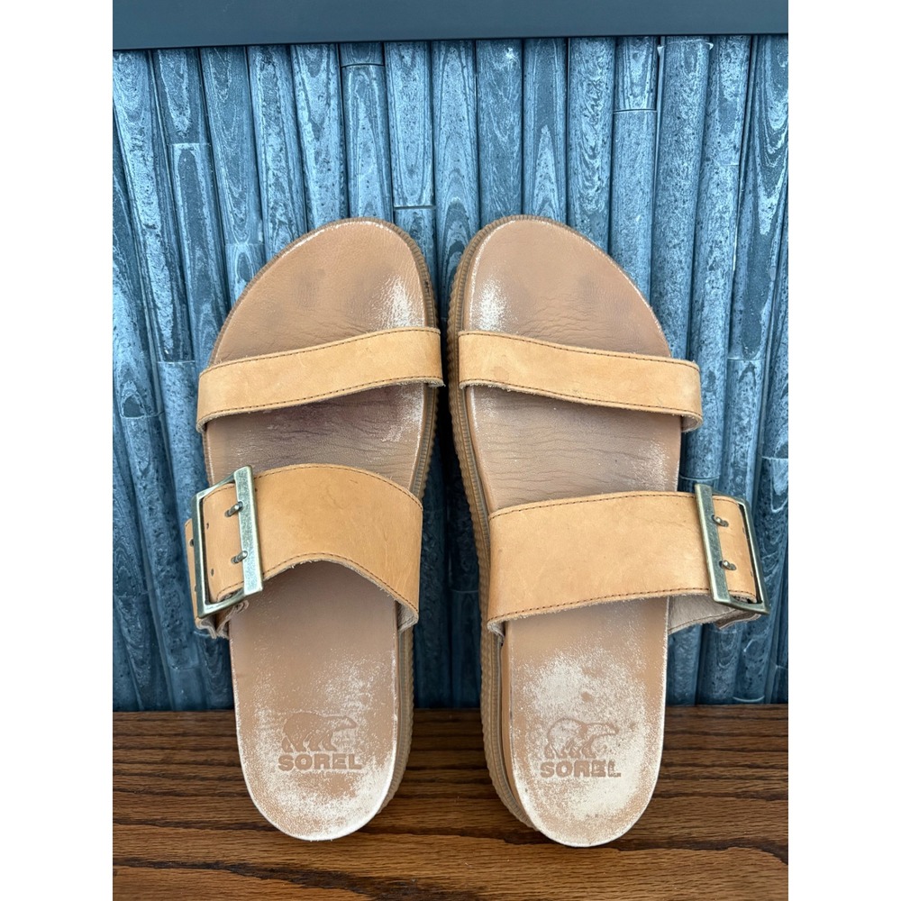 Sorel Roaming Buckle Slide Sandals Brown Leather Platform NL3599-224 Womens 9